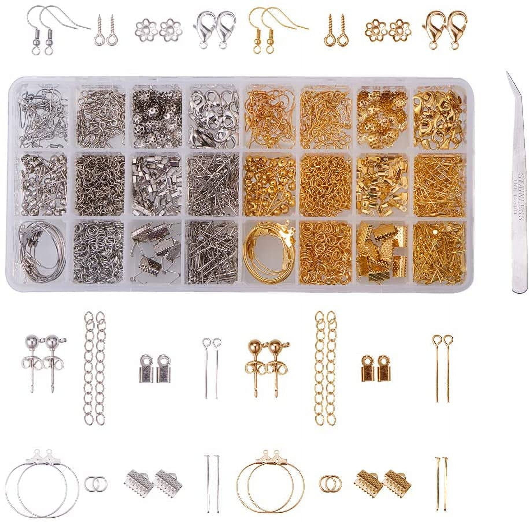 DIY Earring Making with Metal Earring Hook Lobster Claw Clasp Jump Ring Bead Cap Ribbon End Cord End Head Pin and Findings Mixed Color 21.8x11x3cm