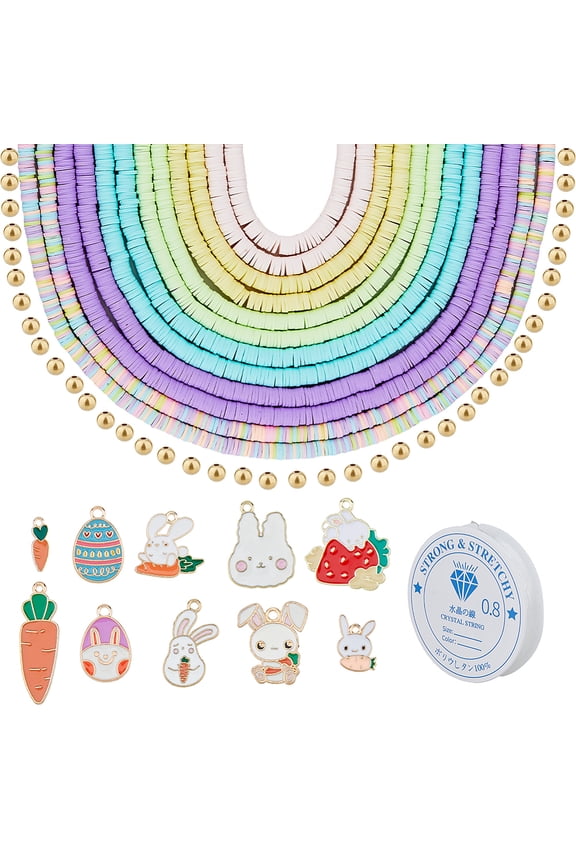 DIY Easter Bracelet Making Kit Including Rabbit & Carrot & Egg Alloy Enamel Pendants Polymer Clay Disc & Brass Beads Mixed Color 4180~4490Pcs/bag DIY