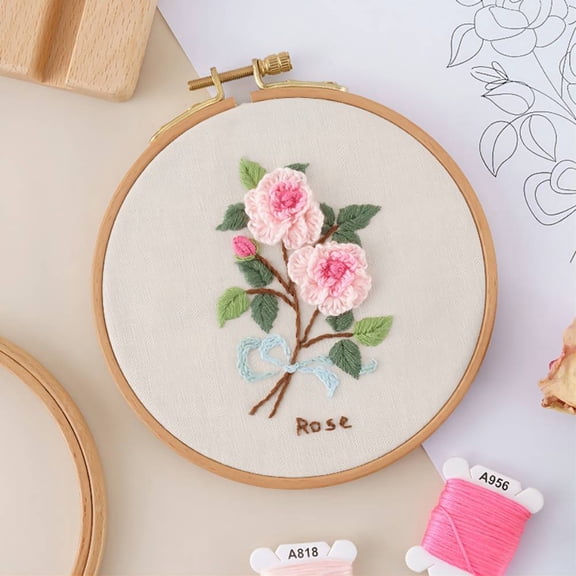 DIY Embroidered Making Kit Including Linen Cloth Cotton Thread Water Erasable Pen Refills Iron & Plastic Needle Rose Pattern 25x25x0.01cm