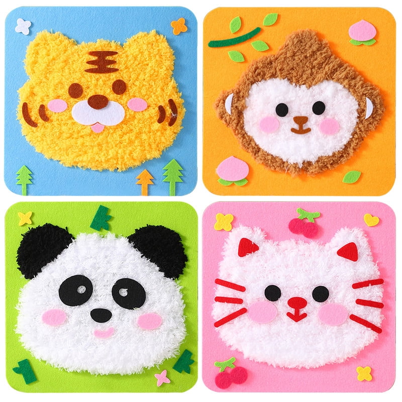 DIY Embroidery Doll Set, 4pcs Cute Cartoon Animal Sewing Craft Kit Sewing Projects Yarn Board (Panda + Cat + Tiger + Monkey)