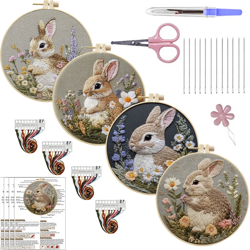 DIY Embroidery Kit, Complete Cross Stitch Kit with Embroidery Hoop Threads Needles Fabric Patterns, Full Sewing Supplies Craft Set for Handmade Home Decor Creative Hobby Project(RL 4 Set)