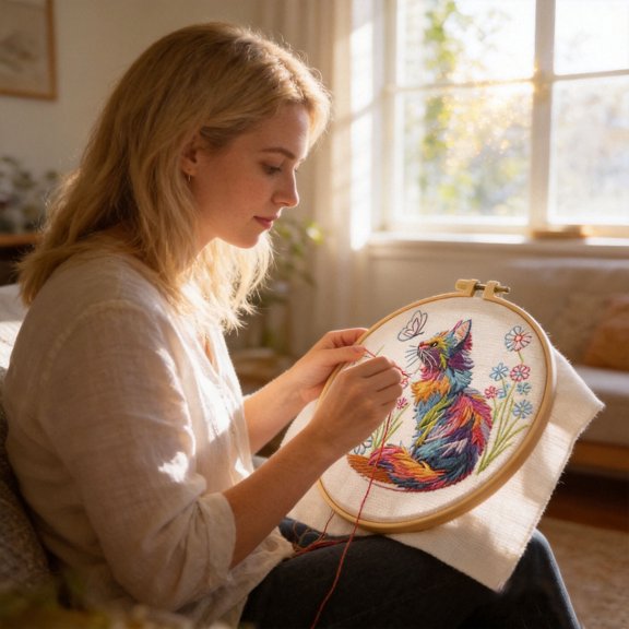 DIY Embroidery Kit Round Bamboo Hand Sewing Art Craft Set with Rainbow Cat Floral Butterfly Pattern Fabric Thread Needles Instructions Home Wall Decor Gift for Adult Beginners