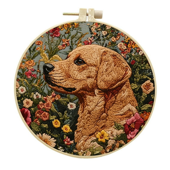 DIY Embroidery Kit Unfinished Embroidery Accessory 15CM Embroidery Hoop Dog Flower Embroidery Cloth Needle Thread Tools DIY Embroidery Material Kit for Beginner Wall Embroidery Decoration Type 1