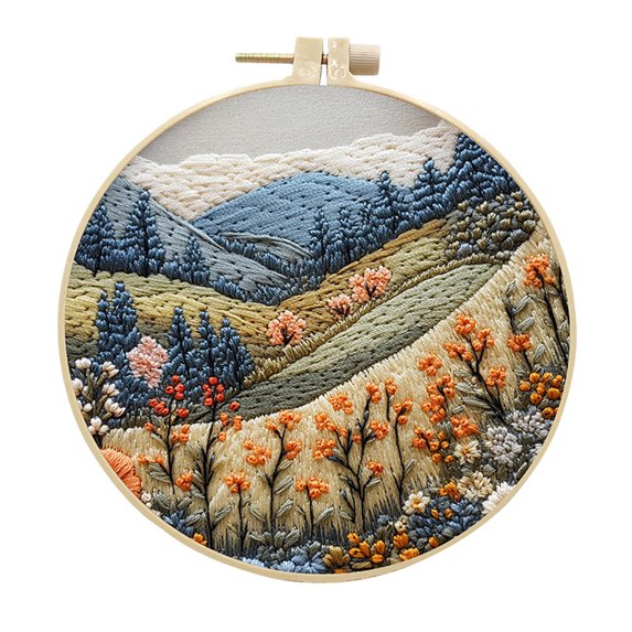 DIY Embroidery Kit Unfinished Embroidery Accessory Adjustable Embroidery Hoop Mountain Scenery Embroidery Cloth Needle Thread DIY Embroidery Material Kit for Beginner Home Wall Decoration Type 4