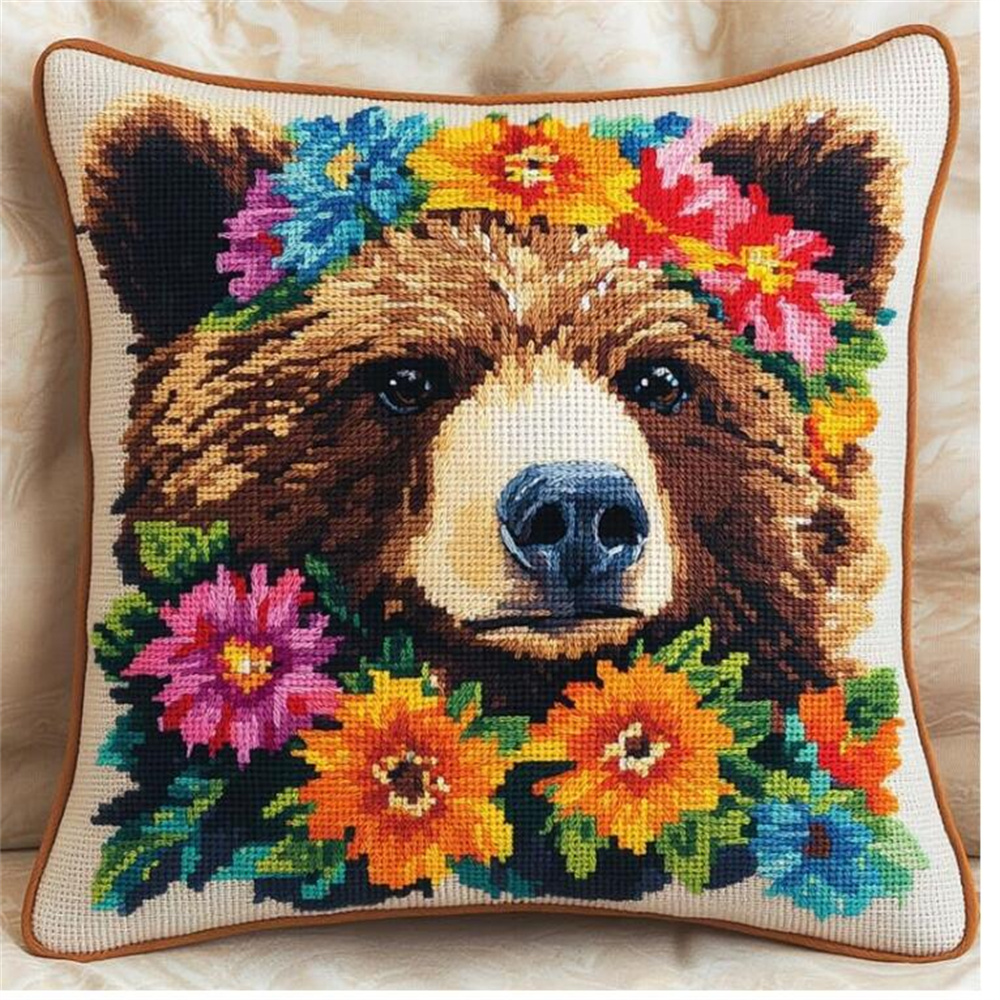 DIY Embroidery Pillow Case, Flowers and Bears Cross Stitch Pillow Kits  Needlepoint Craft Set Cushion Kit Cross Stitch Cushion Cover Kit Stitched Cushion Kit17x17in