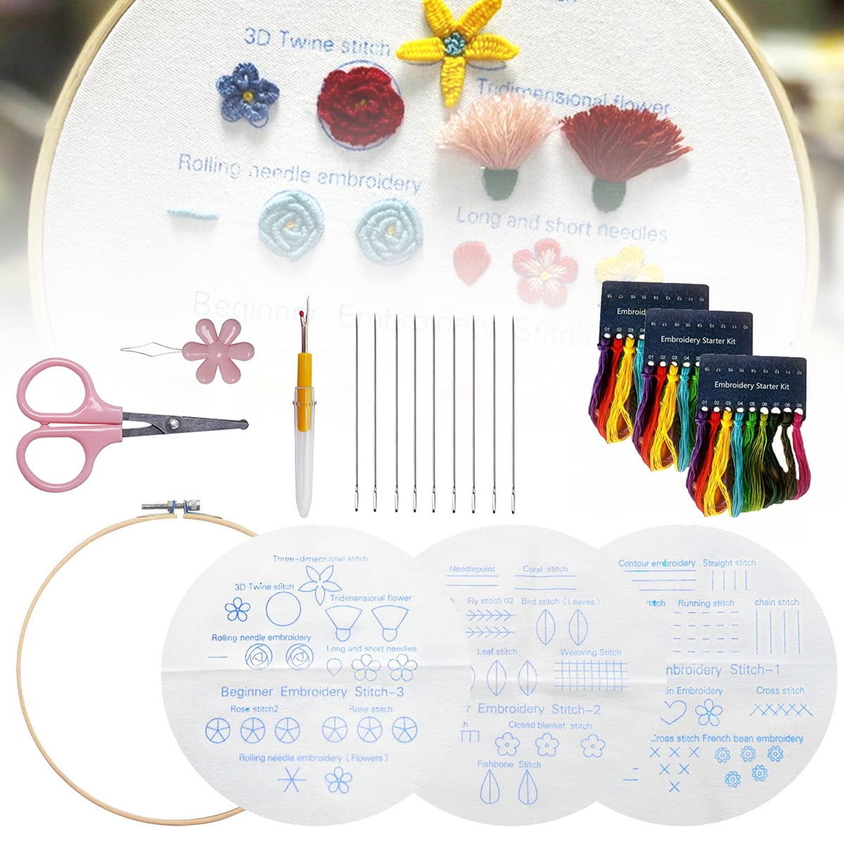 Rowphya Beginners Embroidery Stitch Practice Kit, 3 Sets Embroidery Kit to Learn 30 Different Stitches for Craft Lover Hand Stitch with Embroidery