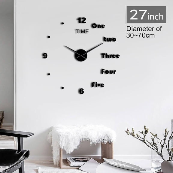 DIY English Letters Wall Clock Watch DIY Giant Frameless 3D Large Number Wall Clock Mirror Sticker Living Room Decor(Black,27inch)