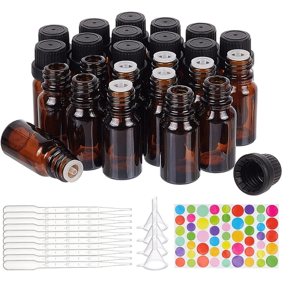 DIY Essential Oil Bottle Kits Including Empty Glass Bottles Plastic Funnel Hopper & Dropper Cute Paper Rainbow Color Stickers Coconut Brown for DIY