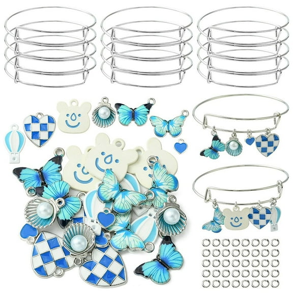 DIY Expandable Bangle Making Kit Including Adjustable Iron Bangle Making Alloy Pendants Butterfly Shell Hot-air Bear Heart Platinum 77Pcs/bag