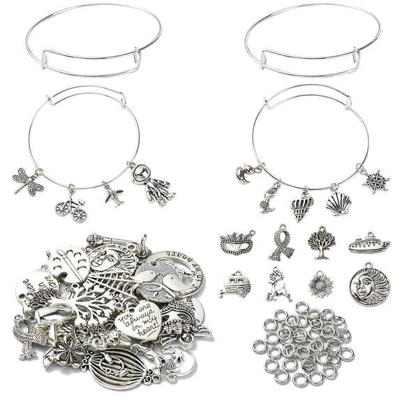 DIY Extendable Bangle with Charm Making Kit Including Iron Bangle Making Alloy Pendants Silver Silver 105Pcs/bag