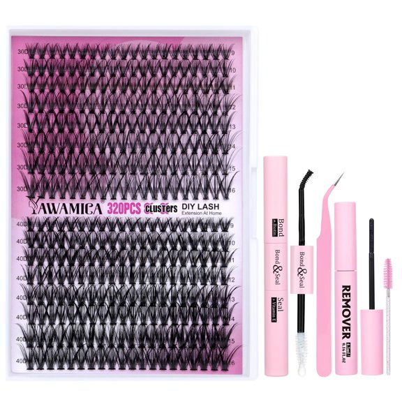 DIY Eyelash Extension Kit 320pcs Individual Lashes Cluster, 9-16mm Mix 30D 40D with Lash Bond and Seal and Remover Lash Applicator for Beginners C63