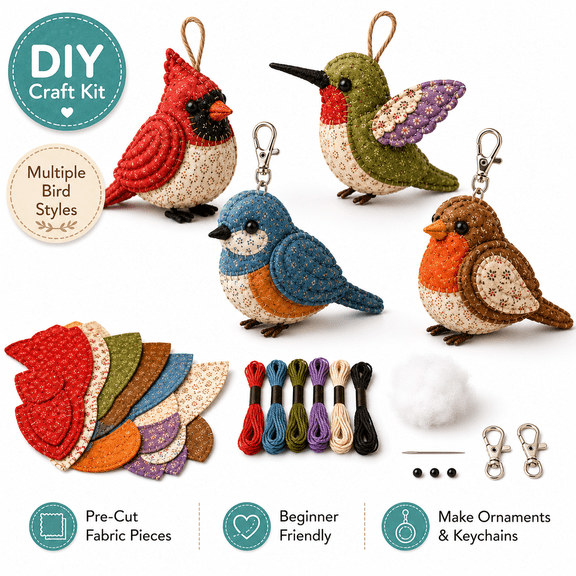 DIY Fabric Animal Craft Kit, 3D Bird Sewing Kit for Adults Beginners, Handmade Patchwork Ornament Craft Set with Metal Keychain Clip, Gift for Holidays and Craft Lovers (Keychain Clip)