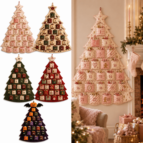 DIY Fabric Christmas Advent Tree Kit, Fillable Countdown Calendar with 24 Numbered Pockets, Quilted Tree Wall Hanging for Family Kids Classroom Holiday Decor, D