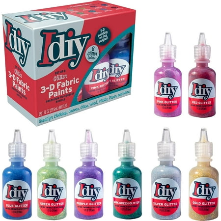DIY Fabric Paints (8 GLITTER Colors) 1oz bottles- Ultra Bright 3D Fabric T Shirt Clothing Soft Paint, Non-Toxic Water-Based, Washable, Permanent, Classroom, Kids Birthday Party Art Craft, Summer Camp