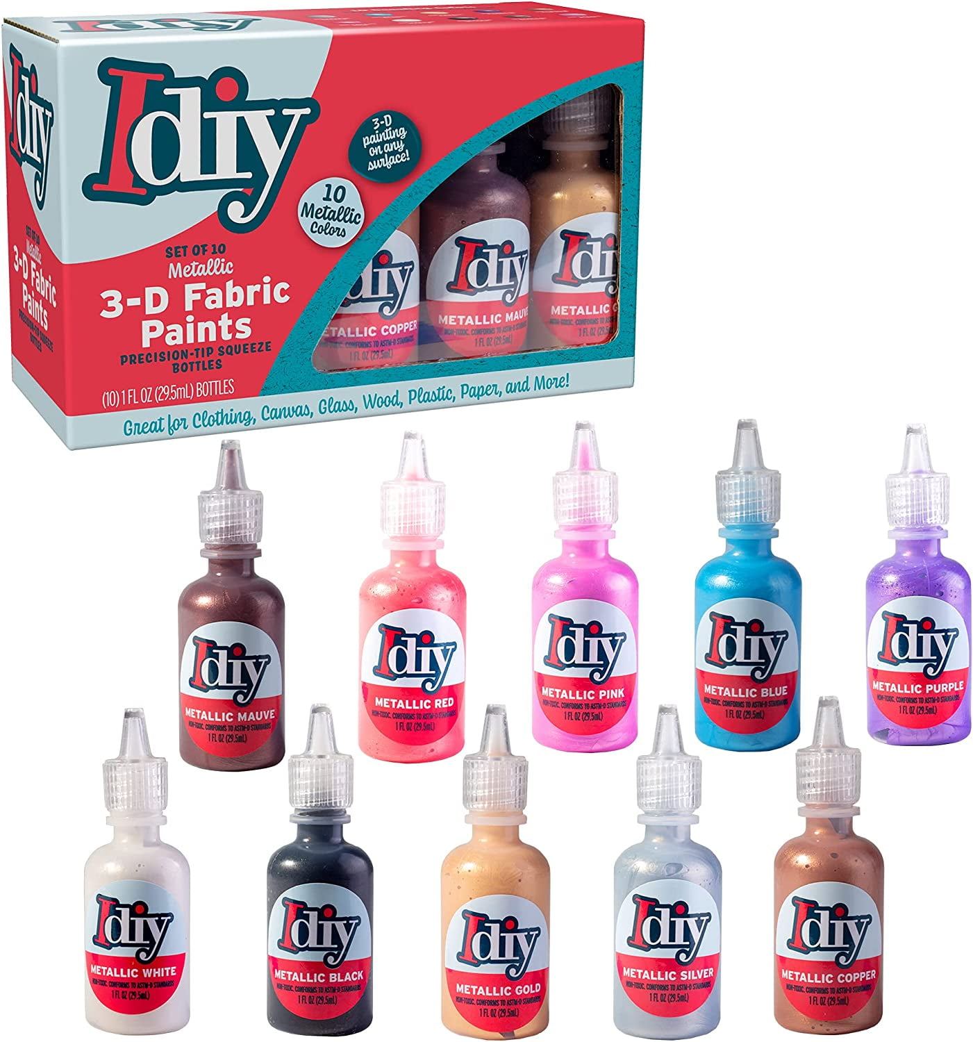 DIY Fabric Paints, Set of 10 Metallic Colors, (1oz bottles) Ultra Bright 3D Fabric Paint, Non