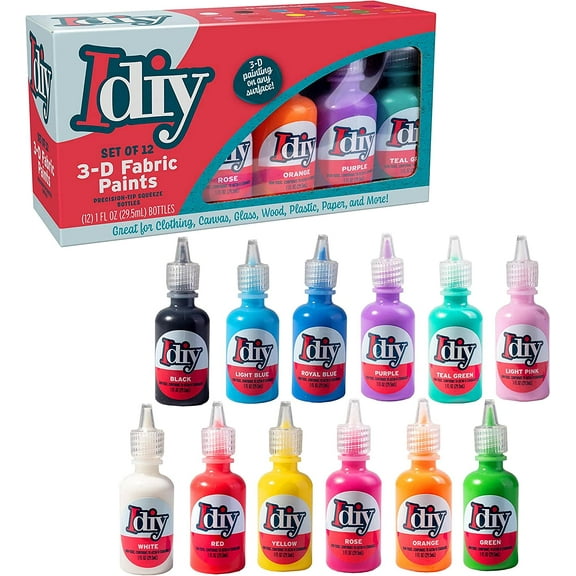 DIY Fabric Paints, Set of 12 Colors, (1oz bottles) Ultra Bright 3D Fabric Paint, Non-Toxic Water-Based and Permanent - Great Craft, Gift, Project - Decorate on Any Surface!