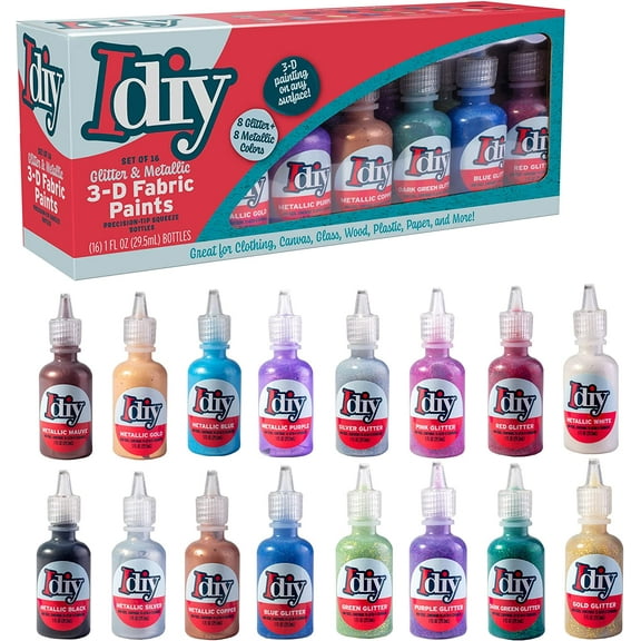 DIY Fabric Paints, Set of 16 Colors, (1oz bottles) 8 GLITTER & 8 METALLIC Colors - Ultra Bright 3D Fabric Paint, Non-Toxic Water-Based and Permanent - Great Craft, Gift, Project
