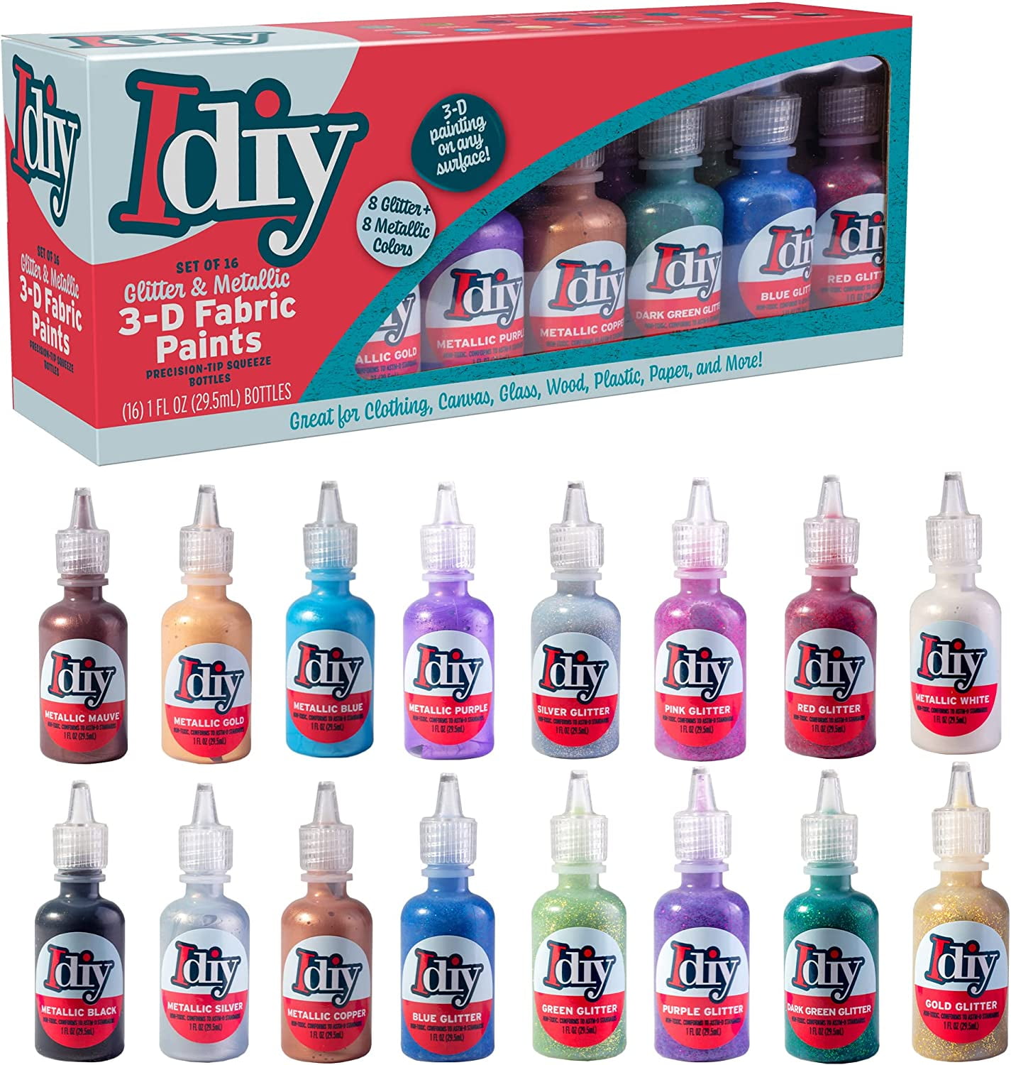 DIY Fabric Paints, Set of 16 Colors, (1oz bottles) 8 GLITTER & 8 METALLIC Colors Ultra Bright