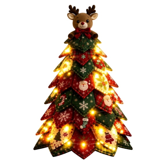 DIY Fabric Patchwork Lighted Christmas Tree Kit, Plaid Floral Cloth Tabletop Tree with Santa Reindeer Ornaments, Warm LED Holiday Centerpiece for Indoor Xmas Farmhouse Home Decor