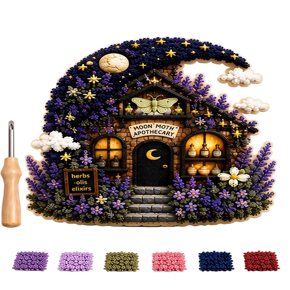 DIY Fabric Poke Art Kit, Fairy Cottage Punch Needle Embroidery Set for Adults Beginners, 3D Textured Wall Decor, Handmade Craft Gift