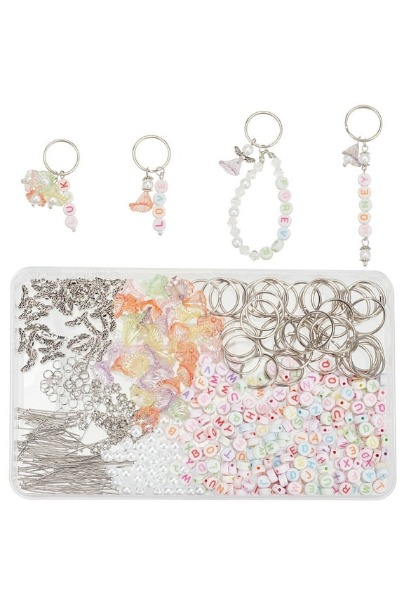DIY Fairy Keychain Making Kit Including Iron Split Key Rings Acrylic & Alloy Flower Bead Caps & Imitation Pearl Beads Mixed Color 650Pcs/box DIY
