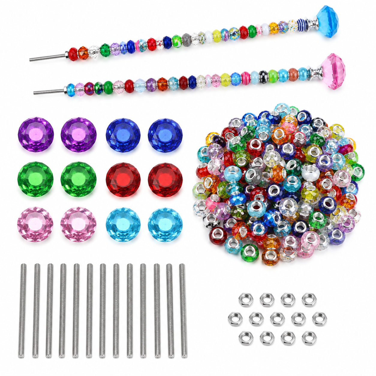 276 Piece Fairy Garden Wand Stakes Kit with Beads,Crystal Diamond Tops and Stainless Steel Rods