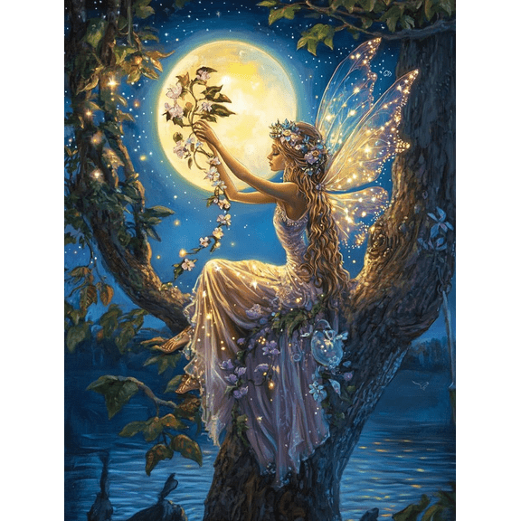 DIY Fairy with Moon Diamond Painting 12x16 Inch, Full Round Drill Kits Mosaic Art for Adults Relax & Home Wall Decor Festival Gift 210