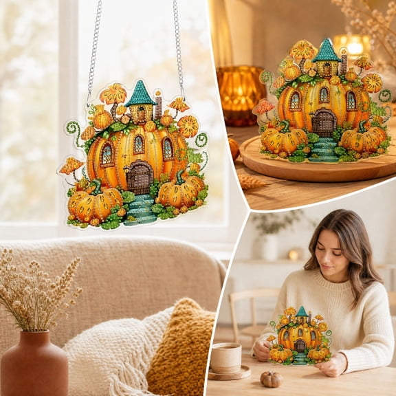 DIY Fall Diamond Art Kits for Adults Hanging Ornament Kit, Rhinestone Hand‑Made Craft Pendant, Autumn Harvest Wall Window Door Decor for Indoor Home Thanksgiving Party Decoration