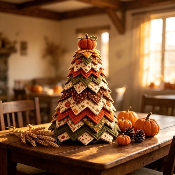 DIY Fall Quilted Fabric Tree Kit Tabletop Tree Craft Set Autumn Fabric Tree Centerpiece with Top Pumpkin and Leaf Accents Festive Thanksgiving Handmade Desk Showcase