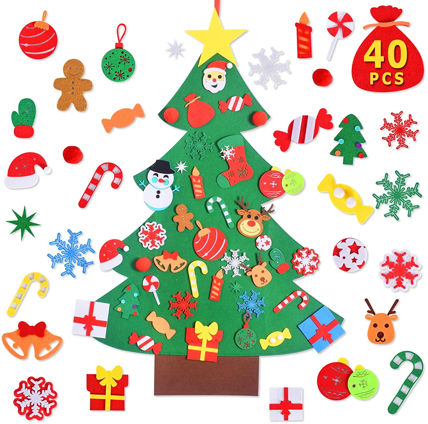 DIY Felt Christmas Tree Set with 40Pcs Ornaments Wall Hanging