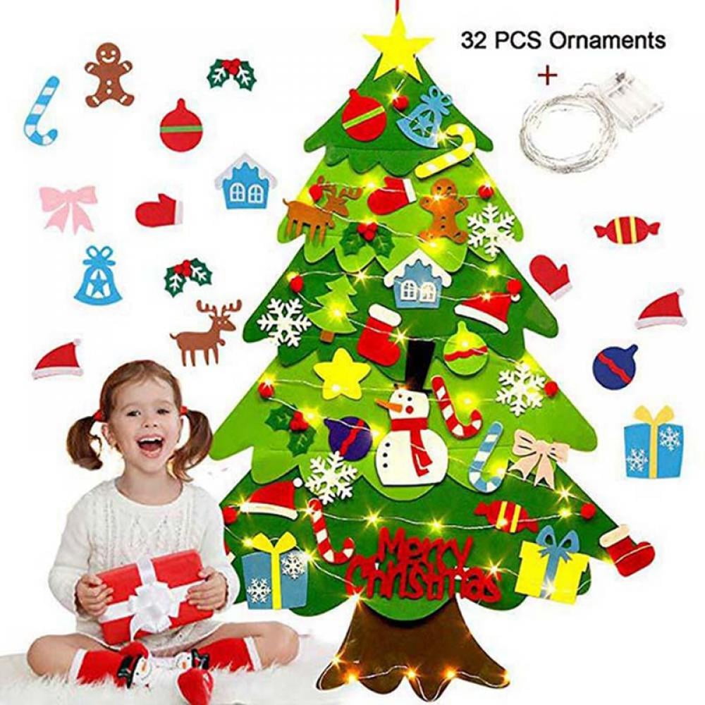 DIY Felt Christmas Tree for Kids Wall, Felt Christmas Tree for Toddlers with Snowflake Lights and 32 Ornaments