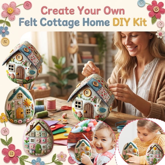 DIY Felt Cottage Kit – Handmade Patchwork Egg House Sewing Project,Creative Craft Set for Adults Teens,Home Decor Activity,Needlework Gift