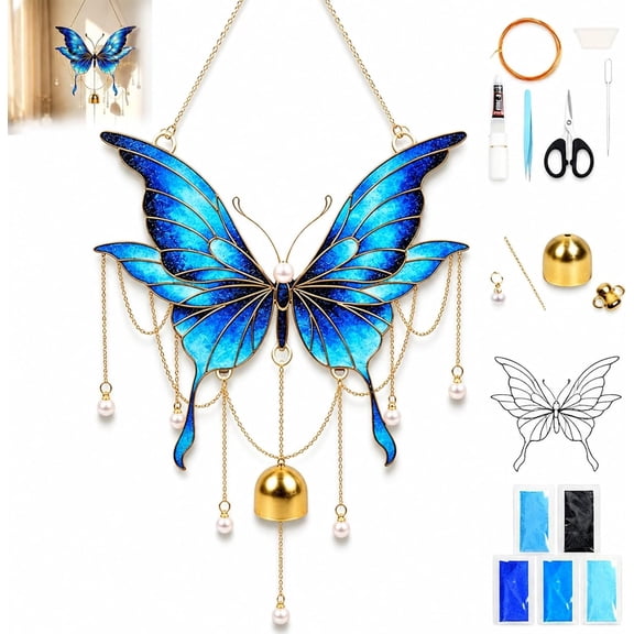 DIY Filigree Cloisonne Enamel Butterfly Wind Chime Craft Kit | Filigree Enamel Art Projects Craft Supplies,Hanging Wind Bell Set,Cloisonne Wire Frame, for Garden Patio Yard Home Decor
