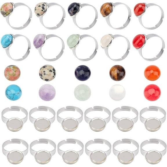 DIY Finger Ring Making Kit Including Adjustable 304 Stainless Steel Pad Rings Findings Nautral & Synthetic Mixed Gemstone Cabochons Settings: 20pcs/box