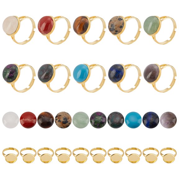 DIY Finger Ring Making Kit Including Adjustable Brass Pad Ring Findings Nautral Mixed Gemstone Cabochons Golden Settings: 20pcs/set