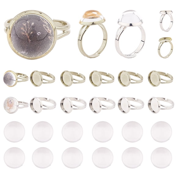 DIY Finger Ring Making Kits with Adjustable Brass Ring Components and 12mm Transparent Clear Half Round Glass Cabochon Platinum & Golden 60pcs/set