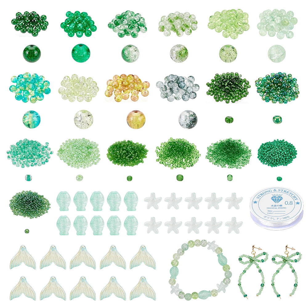 DIY Fish Theme Bracelet Making Kit Including Round Starfish Fishtail Glass Seed Beads Elastic Thread Green diy