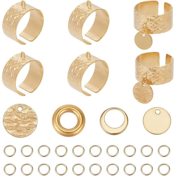 DIY Flat Round Charms Cuff Ring Making Kit Including 304 Stainless Steel Open Finger Ring Components & Jump Ring & Charms & Linking Rings Golden 10~12x1mmmm Hole: 1.4mm