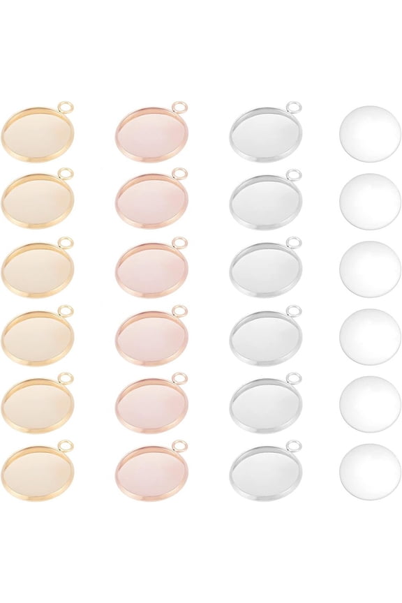 DIY Flat Round Pendant Making Kits Including 18Pcs 304 Stainless Steel Pendant Cabochon Settings 18Pcs Half Round Transparent Glass Cabochons