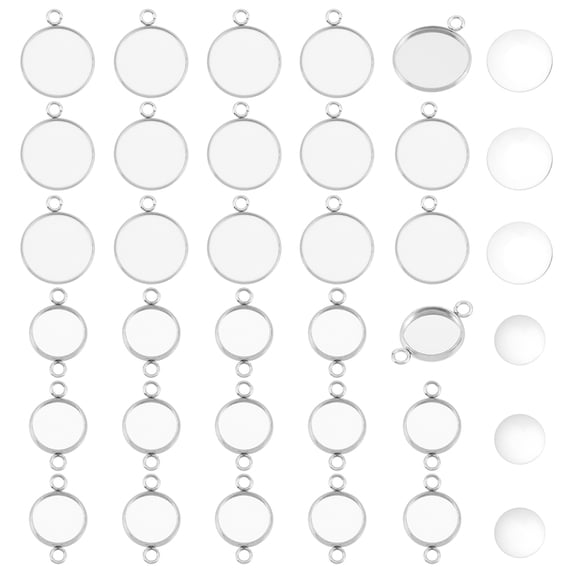 DIY Flat Round Pendant Making Kits Including 304 Stainless Steel Cabochons Pendants Connectors Settings Stainless Steel Color Settings: 60pcs/box