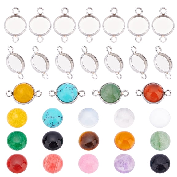 DIY Flat Round Stone Pendant Making Kit Including Mixed Stone Cbochons Steel Cabochons Settings Mixed Color Stone Cabochon: 30pcs/box
