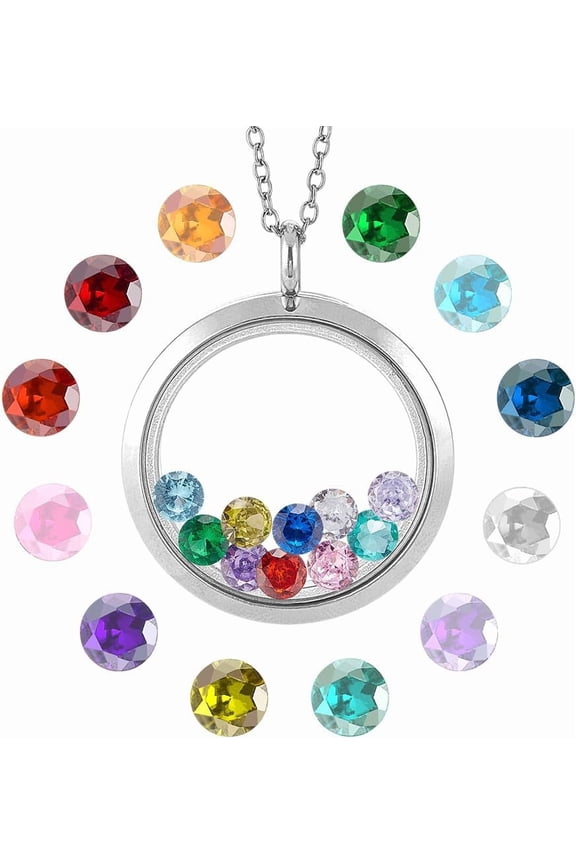 DIY Floating Round Pendant Memory Necklace with Colourful Heart Shaped and Round Cubic Zirconia for Women Memory Nostalgia Friendship Necklace Kit diy Stainless Steel Color