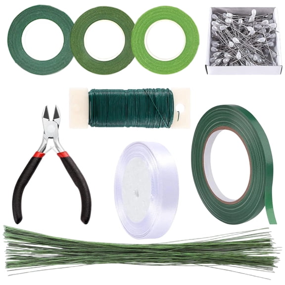 DIY Floral Supply Kit, 3 Rolls Green Floral Tape, 100pcs 22 Gauge Floral Stem Wire, Wire Cutter, Ribbon & Pearl Pins for Wedding Bouquet Making