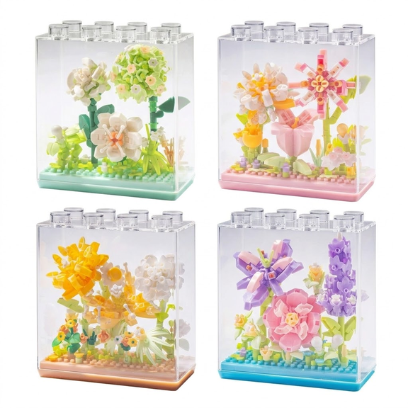 Unbranded DIY Flower Building Blocks with Display Case, 4-Pack ABS Botanical Collection Floral Plant Set for Girls, Boys and Adults