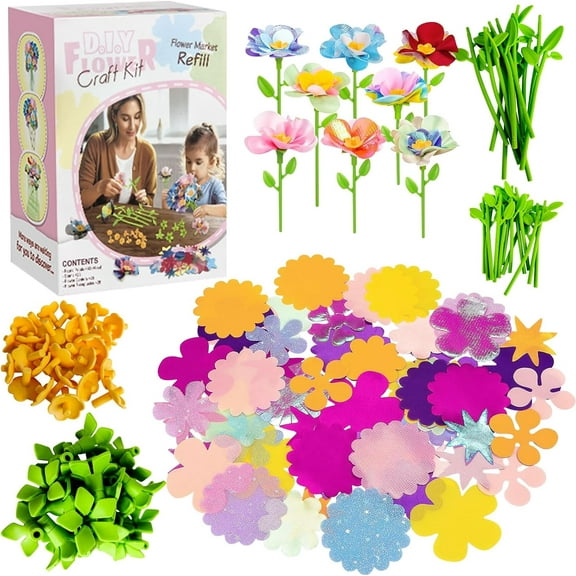 DIY Flower Craft Kit for Kids, Fabric Flower Bouquet Making Kit Arts & Crafts Toys for Girls Ages 3 4 5 6, Creative Birthday Gifts Flower Market Pretend Play Toy (Accessories Set of 28)