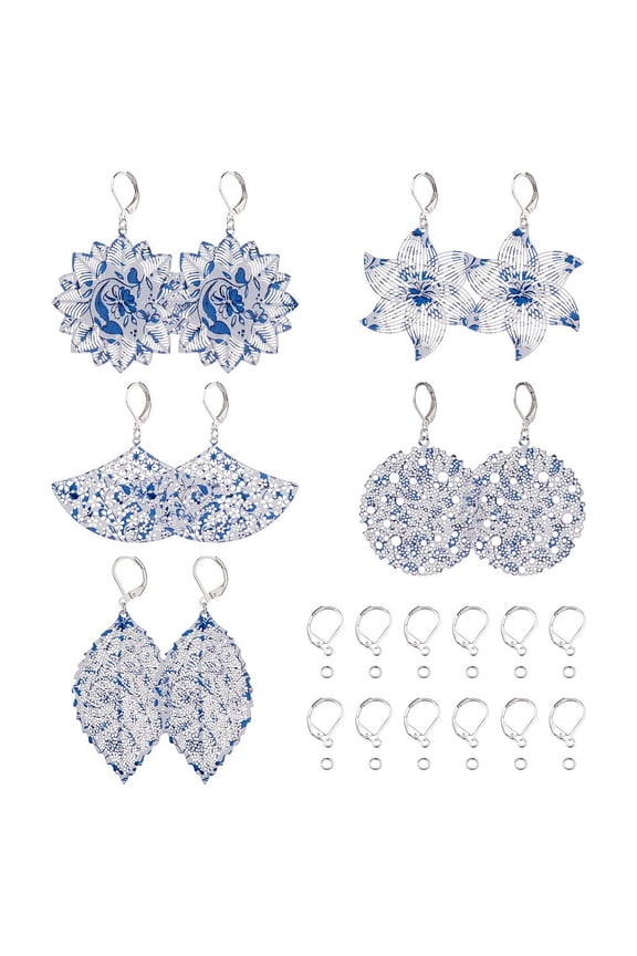 DIY Flower Drop Earring Making Kit Including Leaf & Fan & Flat Round 430 Stainless Steel Pendants 304 Stainless Steel Leverback Earring Findings