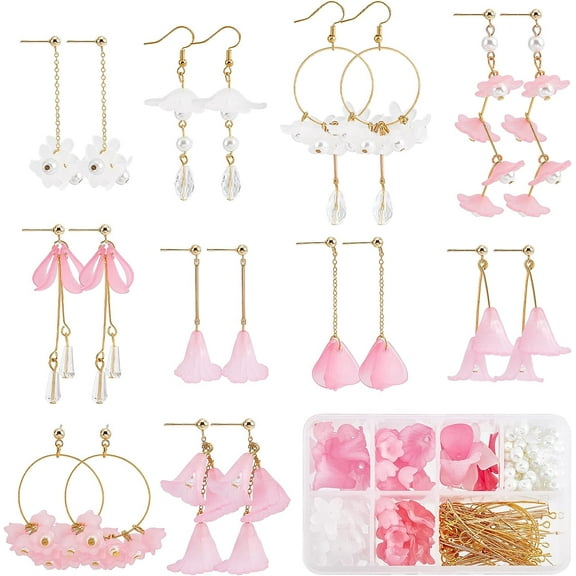 DIY Flower Drop Earring Making Kits Including Glass Pearl & Acrylic Flower Beads Acrylic Flower Pendants Brass Earring Hooks & Ball Stud Earrings Post Mixed Color 350Pcs/box