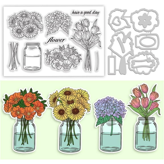 Flower Vase Cut Dies and Clear Stamp Sunflower Tulip Corn Poppy Hydrangea Embossing Template and Silicone Stamp for Card Scrapbooking Card Making DIY Craft Decoration