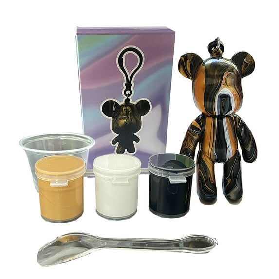 DIY Fluid Art Bear Key chain High Gloss Acrylic Paint Kit Set - Gold-White-Black Kit