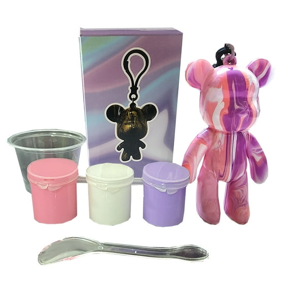 DIY Fluid Art Bear Key chain High Gloss Acrylic Paint Kit Set - Pink-White-Lavender kit